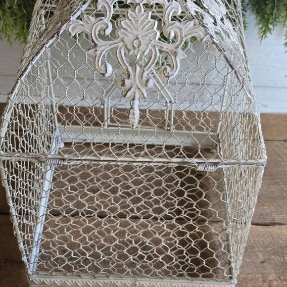 Distressed Shabby Chic White Chicken Wire Fleur de Lis Cage Box Farmhouse Decor - Picture 8 of 11